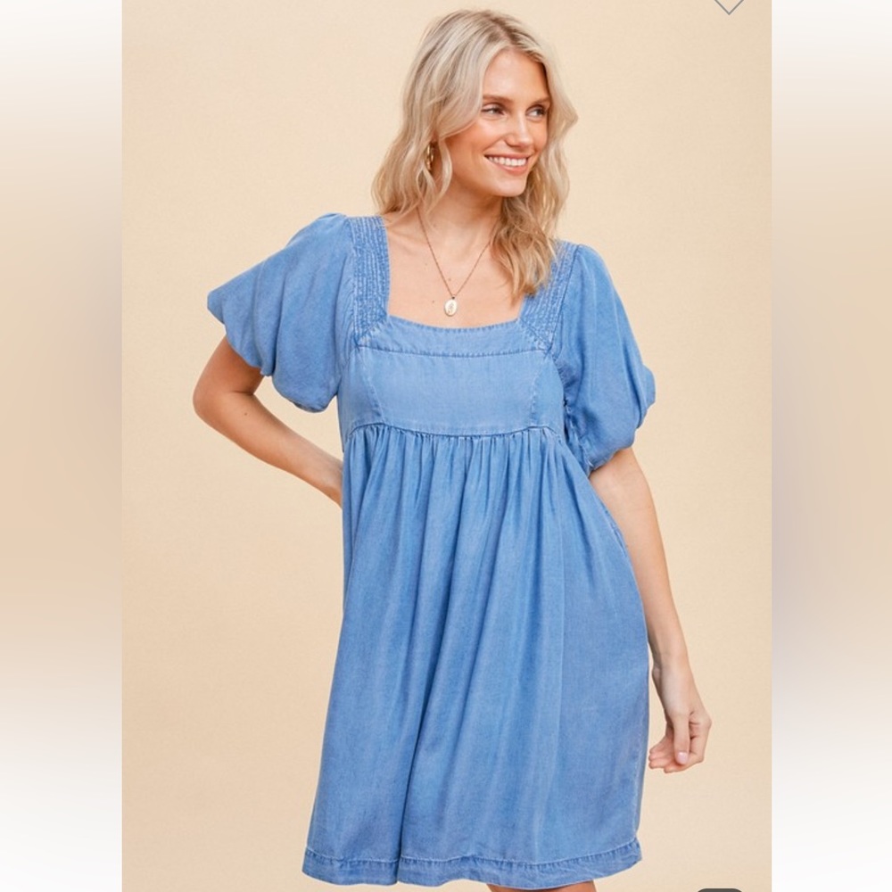 🆕Denim Blue Dress Babydoll Puff Sleeve Soft Tencel - Picture 4 of 6